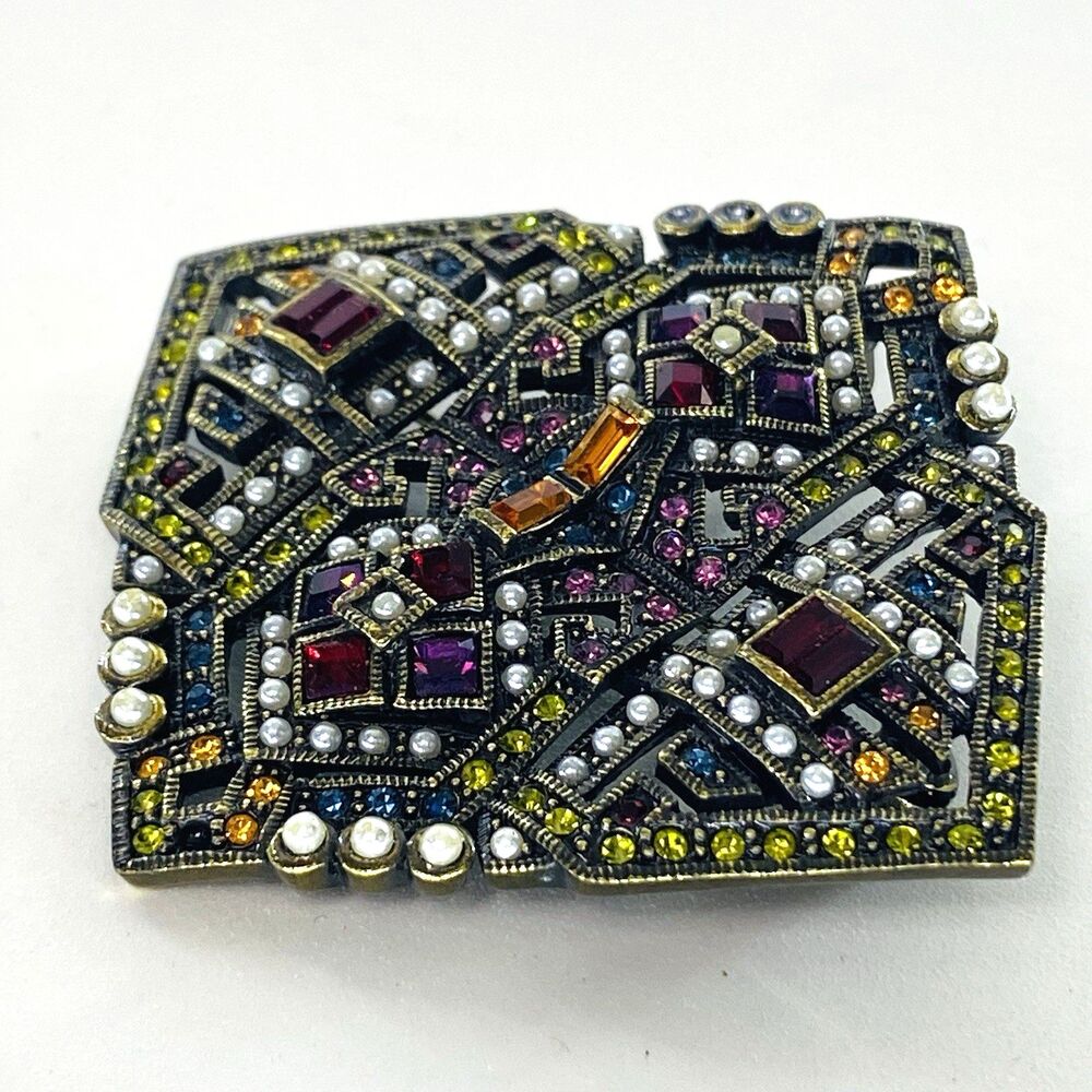 Heidi Daus Art Deco Style Colorful Rhinestone Faux Pearl Brooch Pendant Pin - Picture 2 of 12